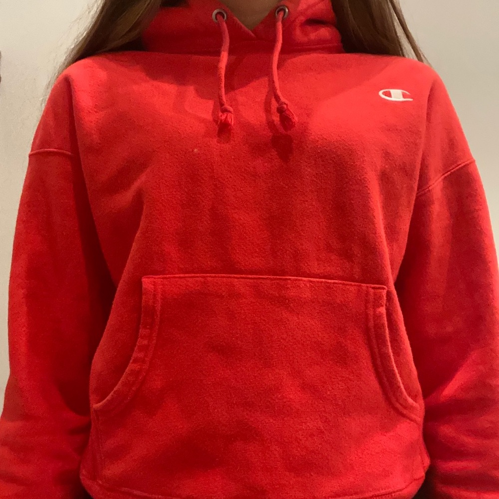 Red champion reverse weave hoodie.